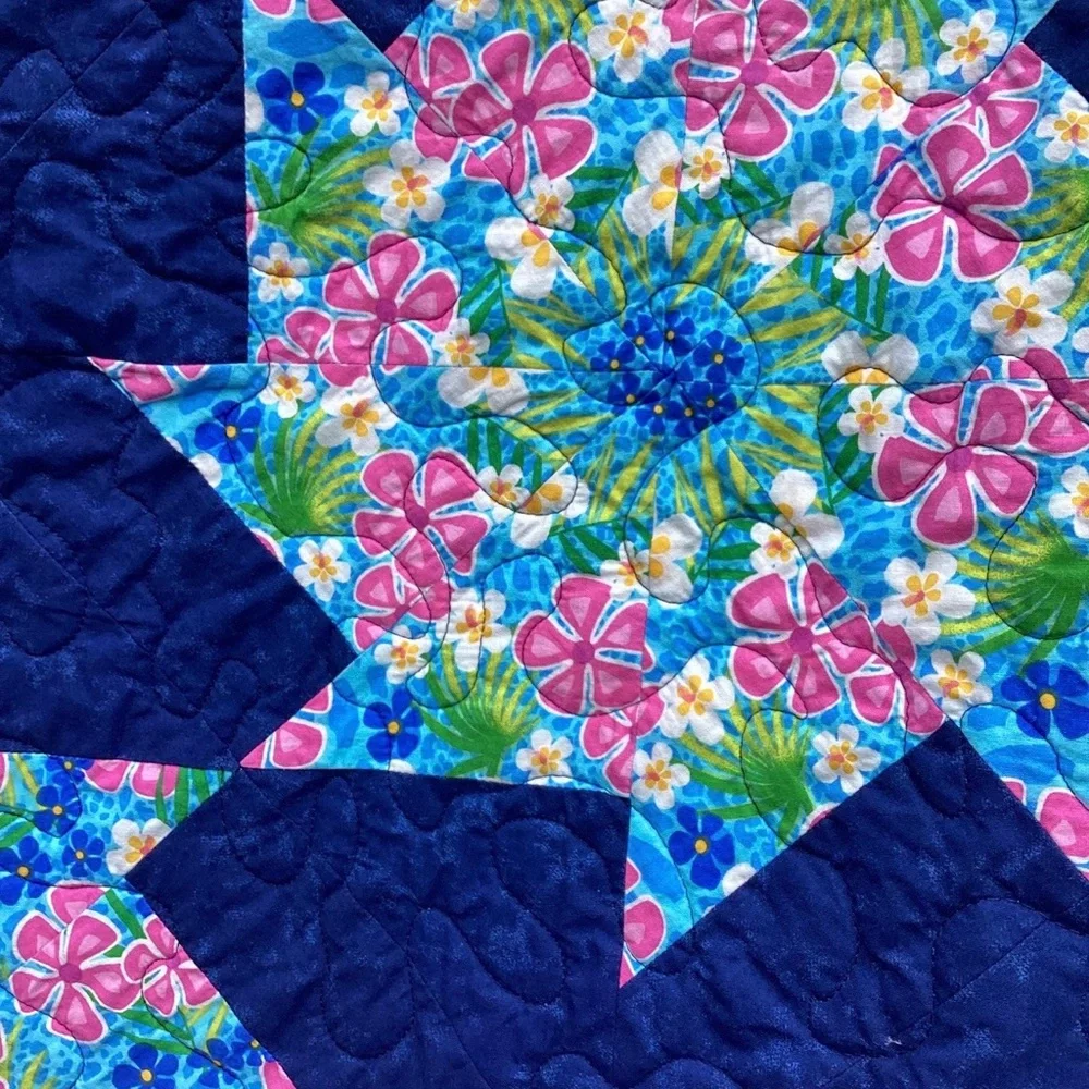 Handmade Floral Star Quilt by - Navy and Multi